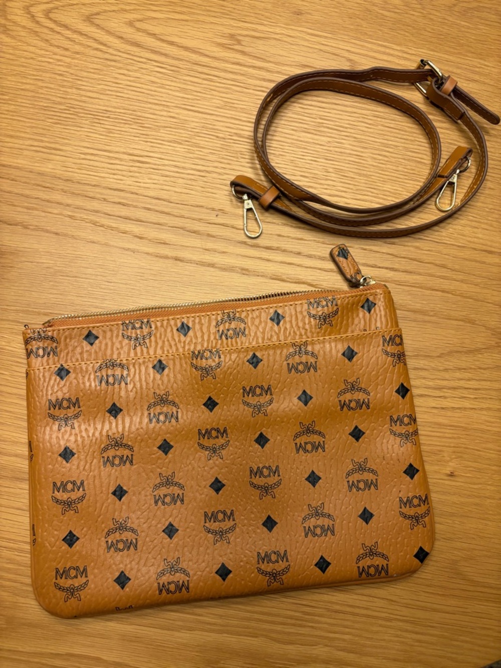 MCM Cognac Visetos Monogram Zip Pouch with Detachable Strap